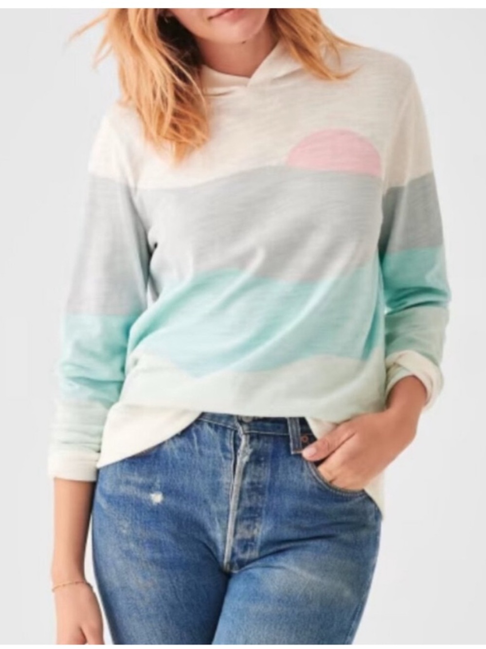 Faherty Cream, Gray & Mint  Lightweight Hoodie with Pink Sun Graphic (G0135)